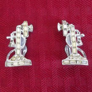 Vintage Kitsch Glam Old Fashion Candlestick Phone Clip On Rhinestone Earrings